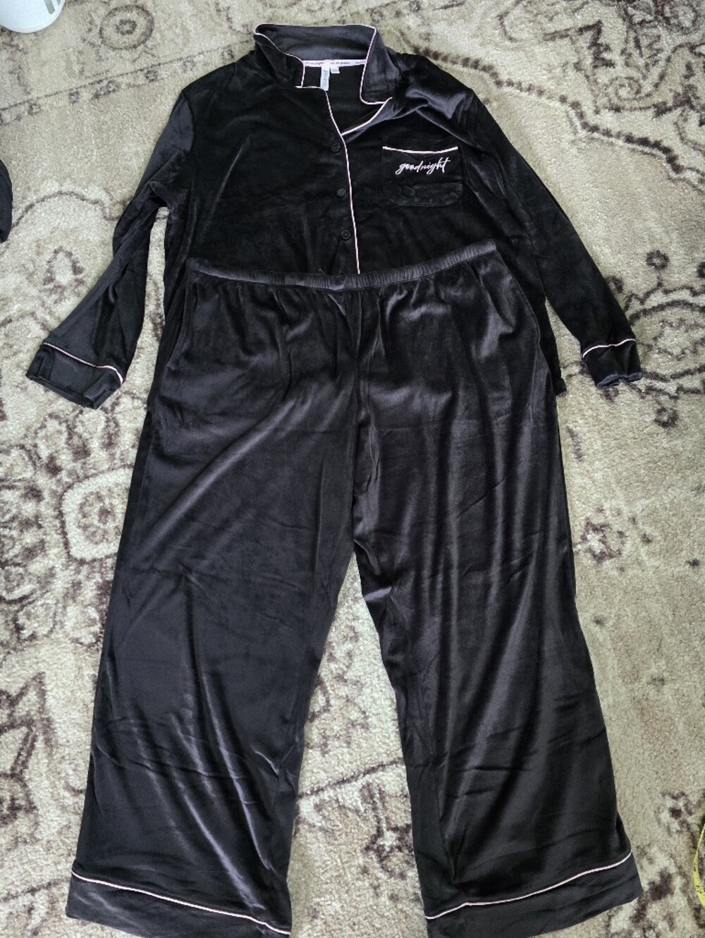 Black Womens Pajama Set - Goodnight Embroidered Top and Pants
